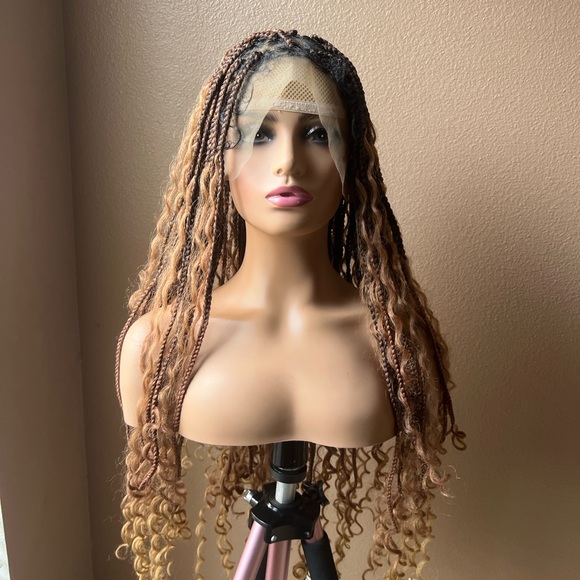 Boho Box Braid Wig with Curly Ends – Ombre Brown synthetic 24 inch lace front - Picture 3 of 3